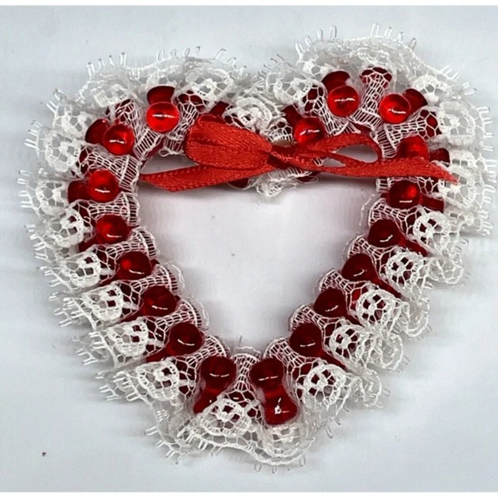 Beaded Heart Brooch With Lace Red Bow Valentines Day Pin Vintage‎ Handmade
